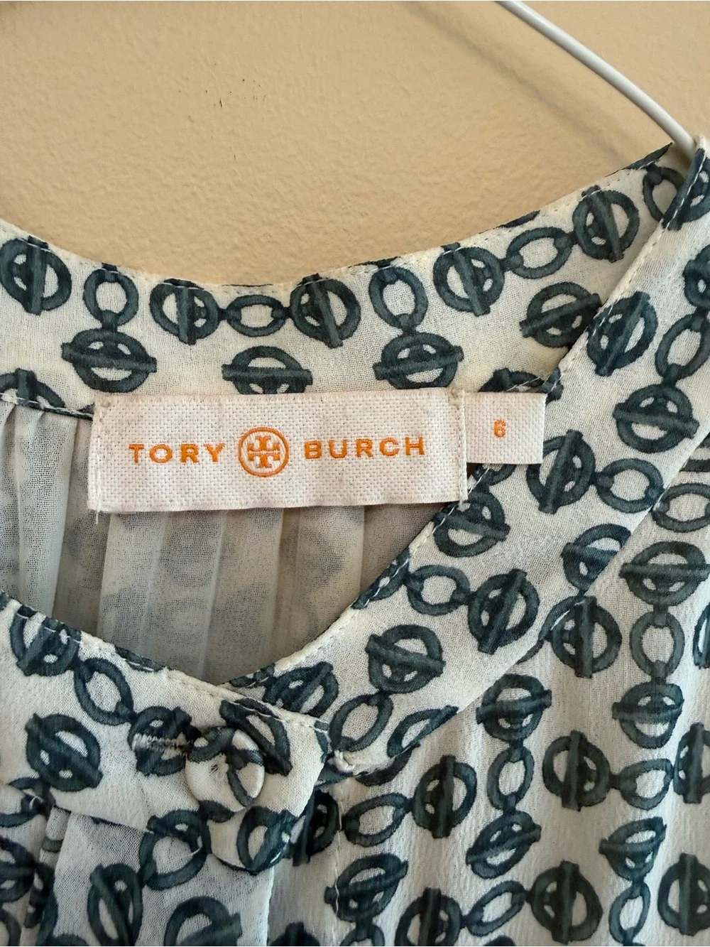 Tory Burch White and Navy Geometric Tie-Neck Sleeveless Top